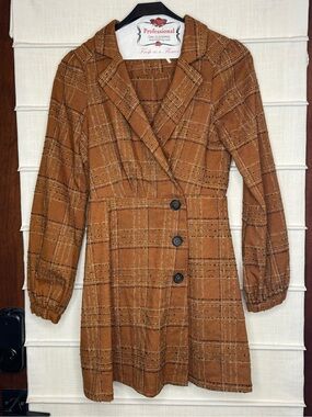 Free People Rust Brown Plaid Long-Sleeve Wrap Dress Retro Style